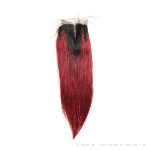 Huashuo 50% OFF Ombre 1b 99J Brazilian Hair Weaving Straight Bundles With Closure 100% Virgin Human Hair Extensions Lace Closure